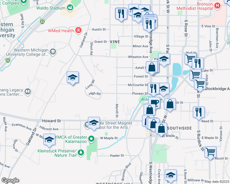 map of restaurants, bars, coffee shops, grocery stores, and more near 1410 Merrill Street in Kalamazoo
