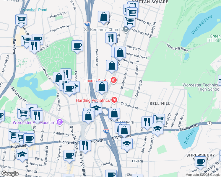 map of restaurants, bars, coffee shops, grocery stores, and more near 134 Lincoln Street in Worcester