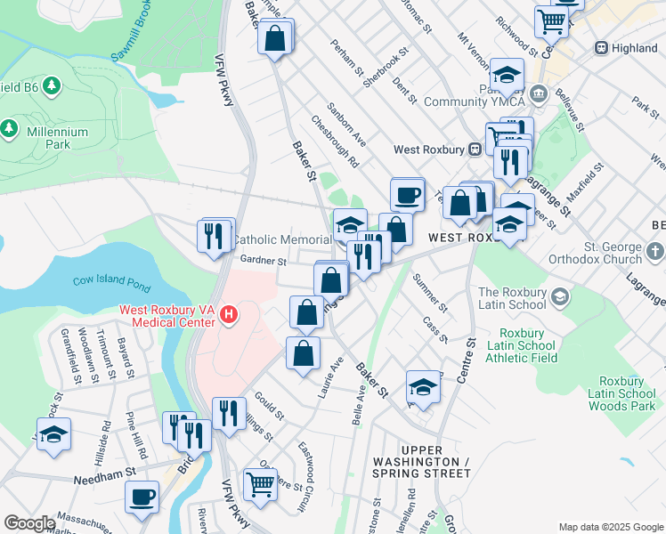 map of restaurants, bars, coffee shops, grocery stores, and more near 27 Gardner Street in Boston