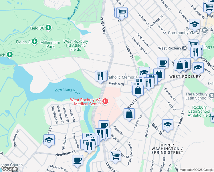 map of restaurants, bars, coffee shops, grocery stores, and more near 1240 VFW Parkway in Boston