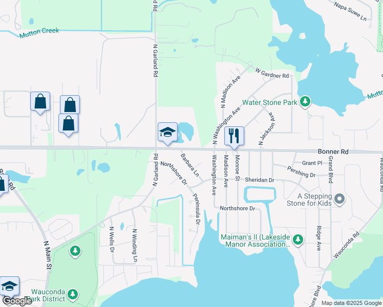 map of restaurants, bars, coffee shops, grocery stores, and more near 612 Bonner Road in Wauconda