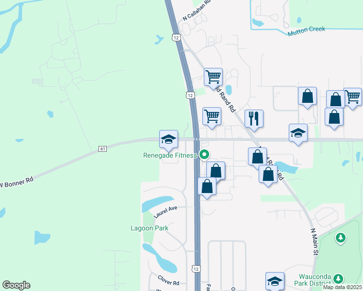 map of restaurants, bars, coffee shops, grocery stores, and more near 1215 Larkdale Row in Wauconda