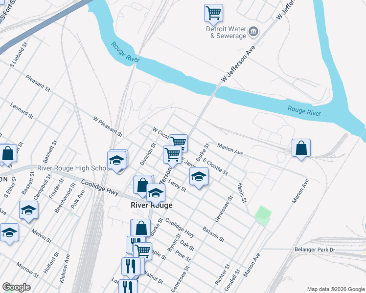 map of restaurants, bars, coffee shops, grocery stores, and more near West Jefferson Avenue & East Cicotte Street in River Rouge