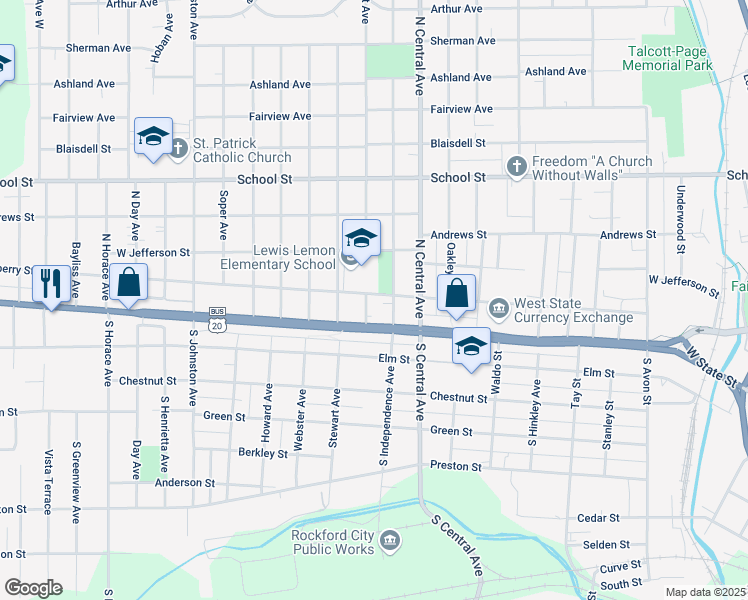 map of restaurants, bars, coffee shops, grocery stores, and more near 129 North Sunset Avenue in Rockford