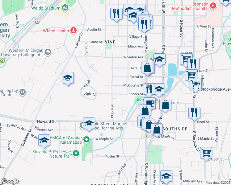 map of restaurants, bars, coffee shops, grocery stores, and more near 1410 Merrill Street in Kalamazoo