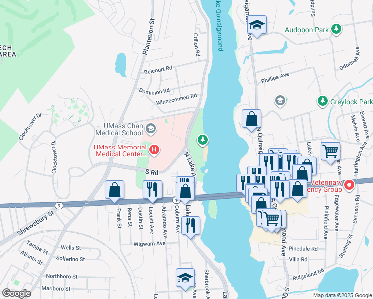 map of restaurants, bars, coffee shops, grocery stores, and more near 55 North Lake Avenue in Worcester