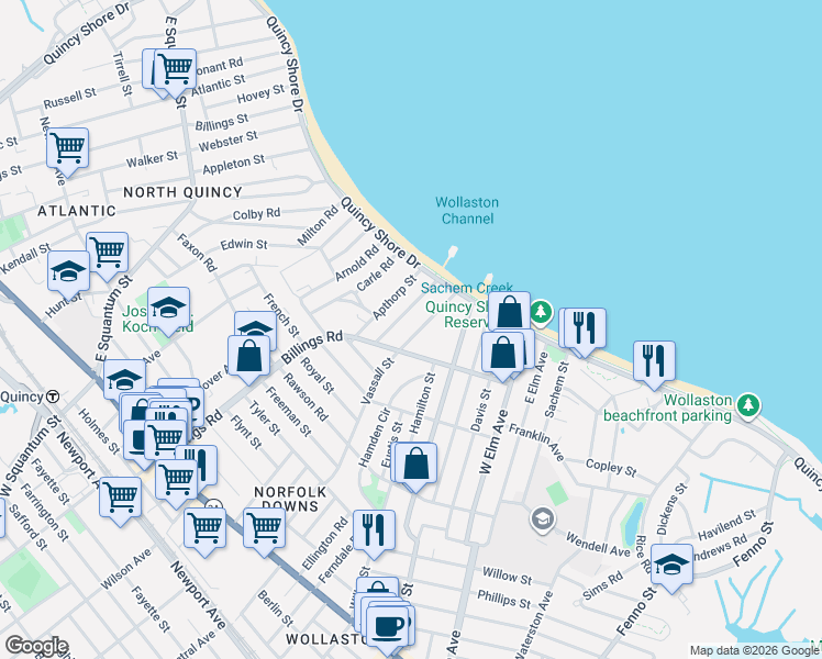 map of restaurants, bars, coffee shops, grocery stores, and more near 25 Channing Street in Quincy