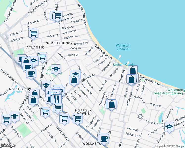 map of restaurants, bars, coffee shops, grocery stores, and more near 58 Marshall Street in Quincy