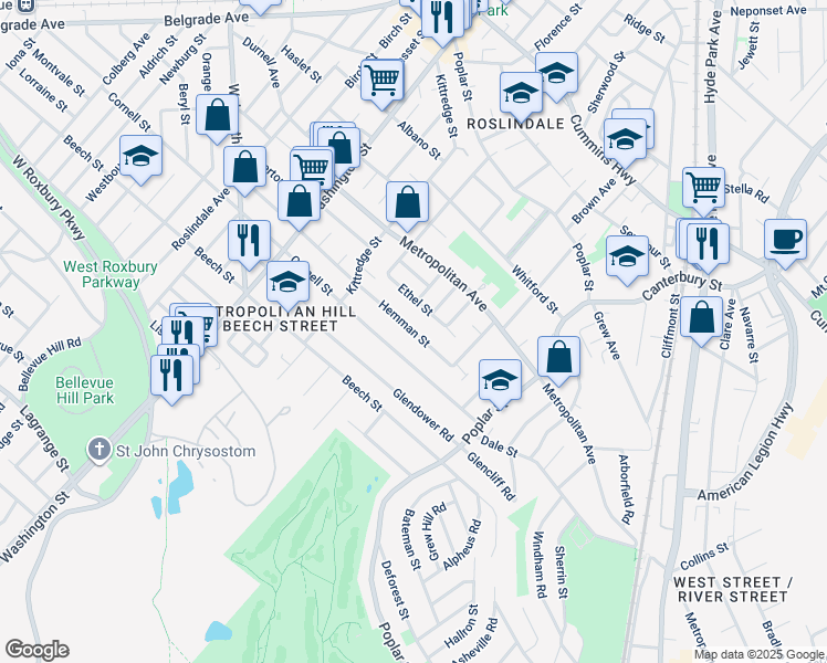 map of restaurants, bars, coffee shops, grocery stores, and more near 31 Ethel Street in Boston