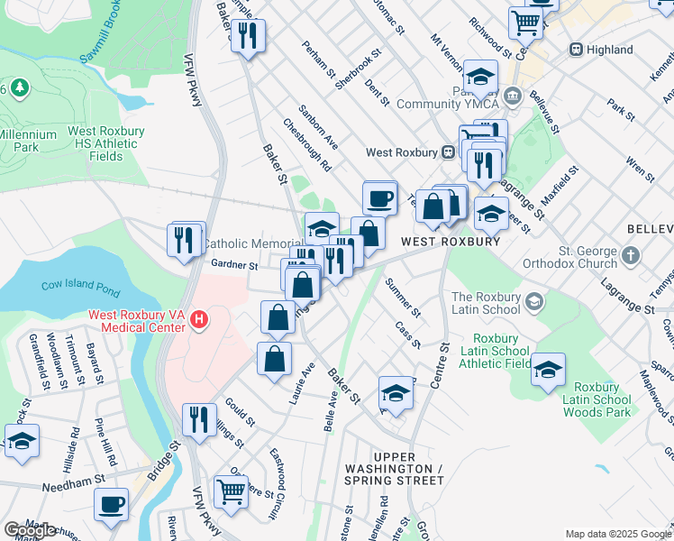 map of restaurants, bars, coffee shops, grocery stores, and more near 235 Baker Street in Boston