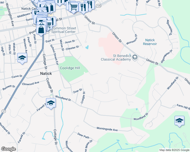 map of restaurants, bars, coffee shops, grocery stores, and more near 52 Lincoln Street Extension in Natick