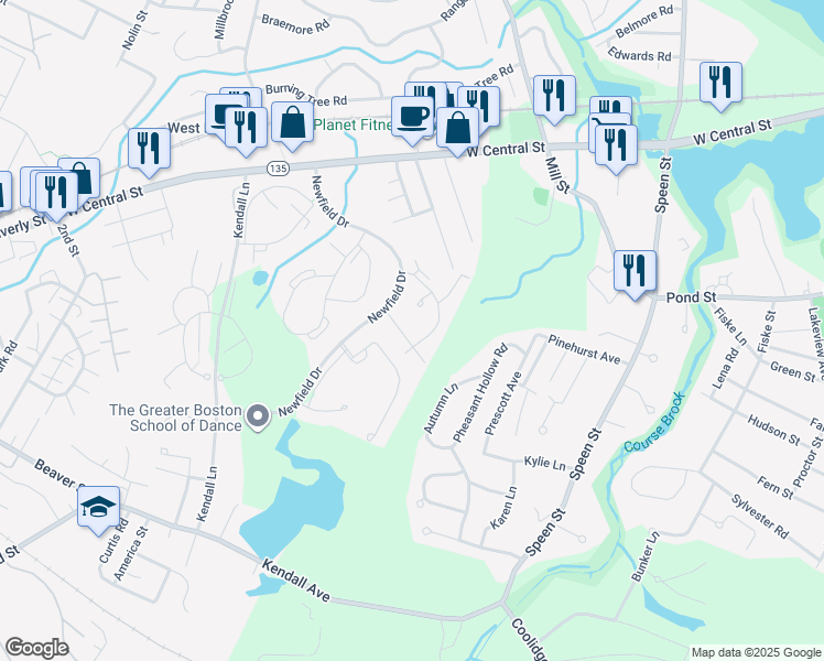map of restaurants, bars, coffee shops, grocery stores, and more near 3 Post Oak Lane in Natick