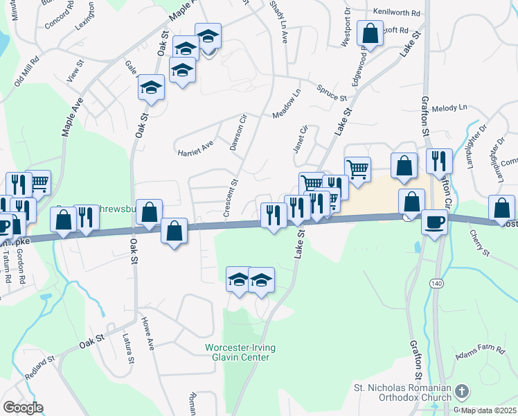 map of restaurants, bars, coffee shops, grocery stores, and more near 4R Heritage Road in Shrewsbury
