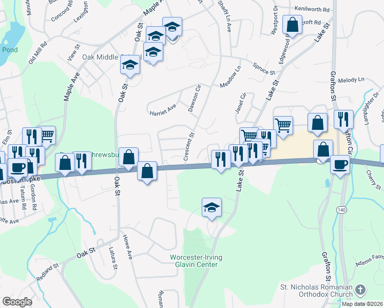 map of restaurants, bars, coffee shops, grocery stores, and more near 175 Crescent Street in Shrewsbury