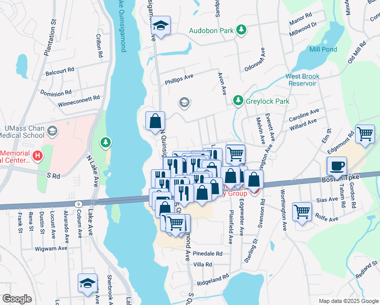 map of restaurants, bars, coffee shops, grocery stores, and more near 2 -6 Bagley Avenue in Shrewsbury