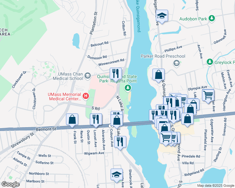 map of restaurants, bars, coffee shops, grocery stores, and more near 10 N Lake Ave in Worcester
