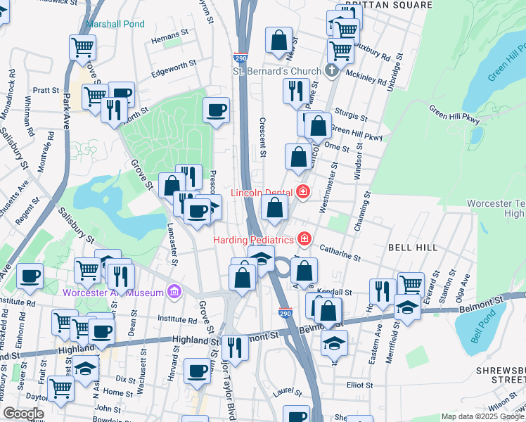 map of restaurants, bars, coffee shops, grocery stores, and more near 3 Frederick Street in Worcester