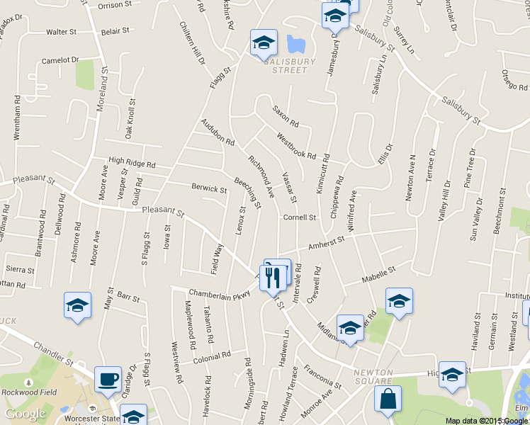 map of restaurants, bars, coffee shops, grocery stores, and more near 42 Beeching Street in Worcester