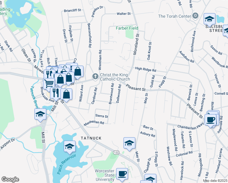 map of restaurants, bars, coffee shops, grocery stores, and more near 28 Brantwood Road in Worcester