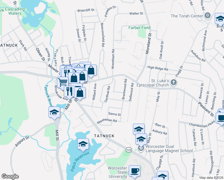 map of restaurants, bars, coffee shops, grocery stores, and more near 22 Marwood Road in Worcester