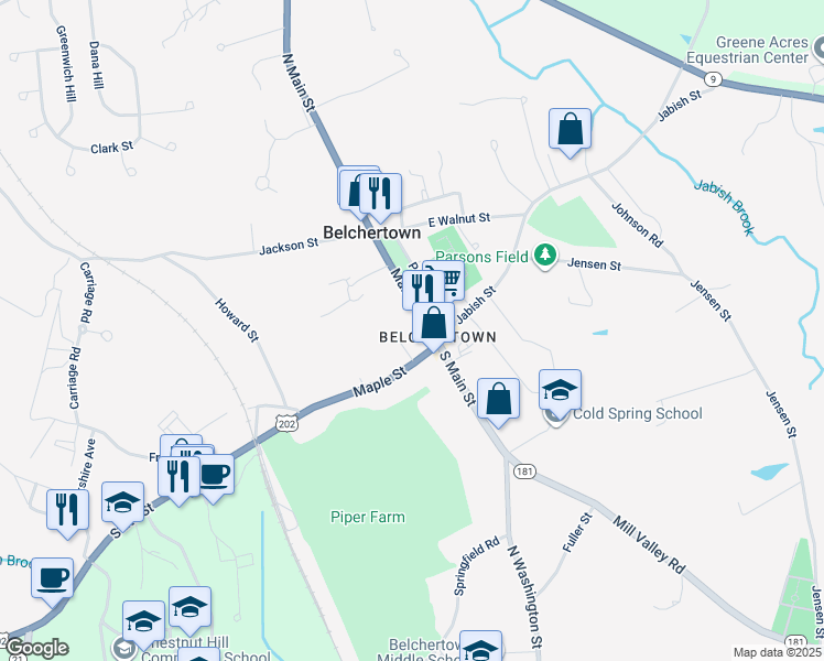 map of restaurants, bars, coffee shops, grocery stores, and more near 23 Main Street in Belchertown