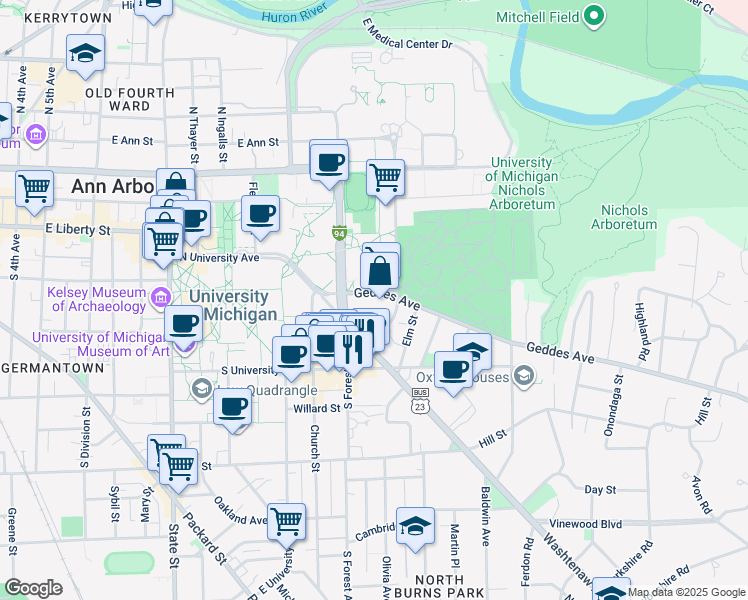 map of restaurants, bars, coffee shops, grocery stores, and more near 1341 Geddes Avenue in Ann Arbor