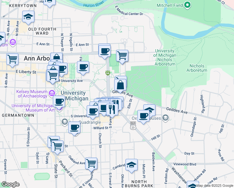 map of restaurants, bars, coffee shops, grocery stores, and more near 1341 Geddes Avenue in Ann Arbor