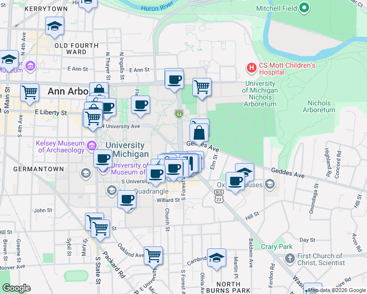map of restaurants, bars, coffee shops, grocery stores, and more near 1304 Geddes Avenue in Ann Arbor