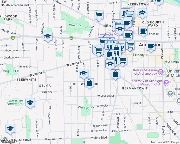 map of restaurants, bars, coffee shops, grocery stores, and more near 519 West William Street in Ann Arbor