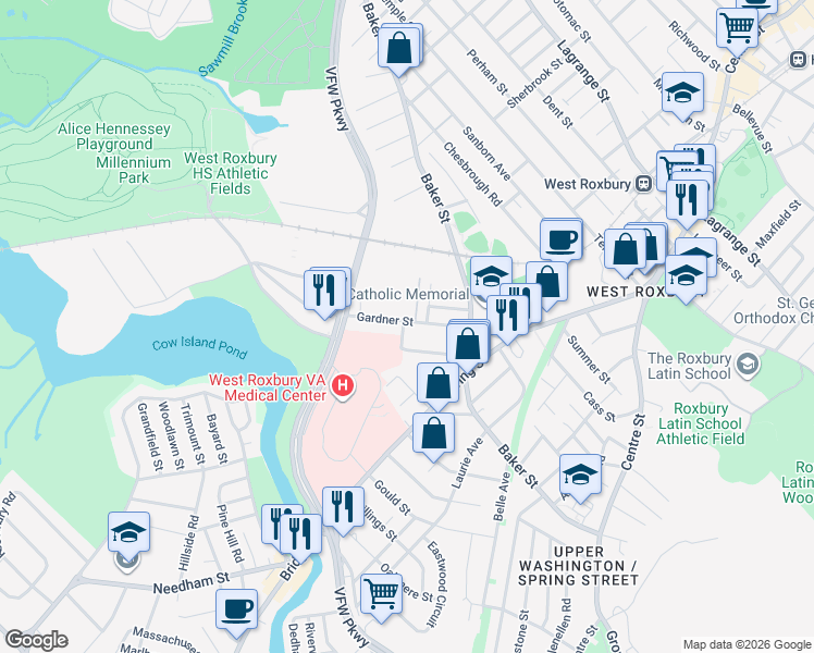 map of restaurants, bars, coffee shops, grocery stores, and more near 83 Gardner Street in Boston