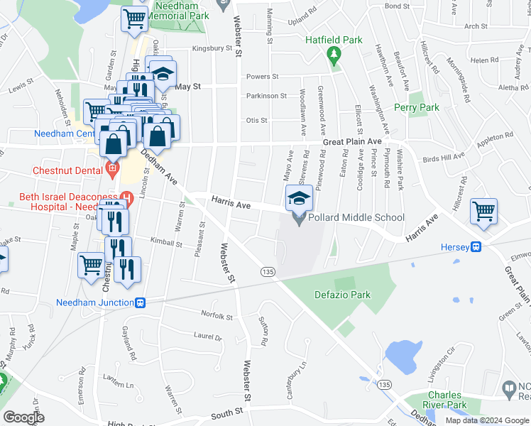 map of restaurants, bars, coffee shops, grocery stores, and more near 268 Harris Avenue in Needham