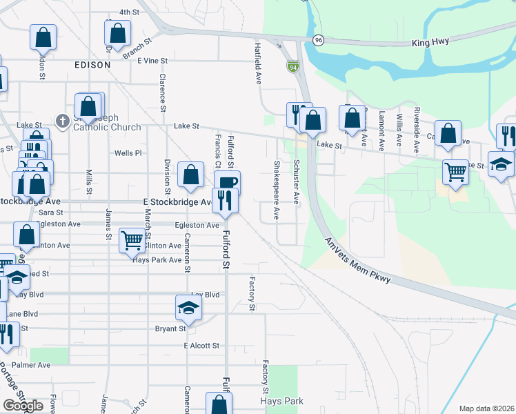 map of restaurants, bars, coffee shops, grocery stores, and more near 1913 East Stockbridge Avenue in Kalamazoo