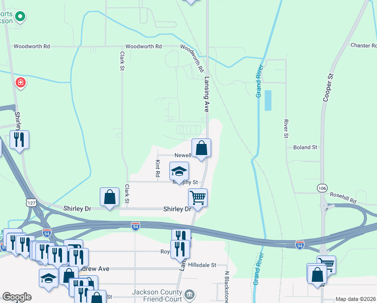 map of restaurants, bars, coffee shops, grocery stores, and more near 528 Newell Avenue in Jackson