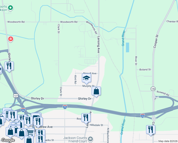map of restaurants, bars, coffee shops, grocery stores, and more near 528 Newell Avenue in Jackson