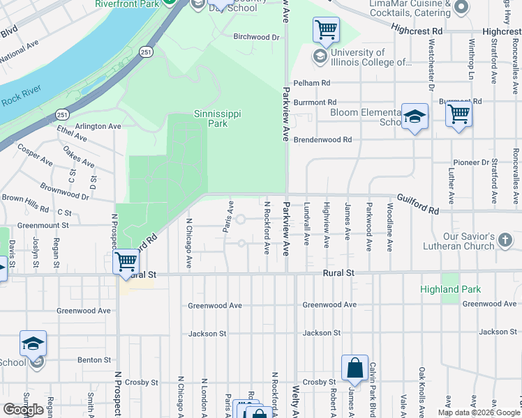 map of restaurants, bars, coffee shops, grocery stores, and more near 2129 Guilford Road in Rockford