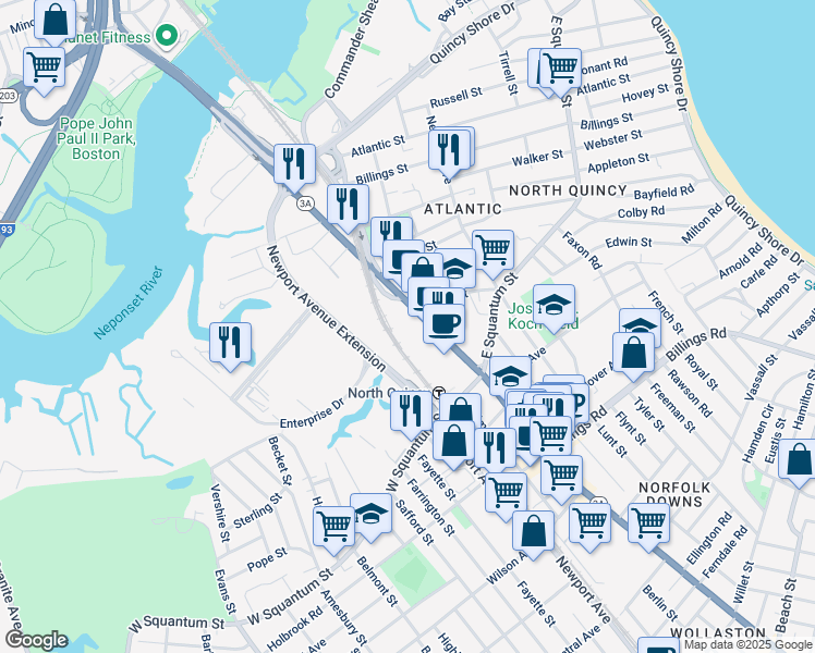 map of restaurants, bars, coffee shops, grocery stores, and more near 255 Hancock Street in Quincy