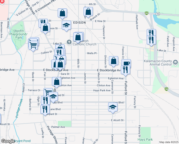 map of restaurants, bars, coffee shops, grocery stores, and more near 1216 East Stockbridge Avenue in Kalamazoo