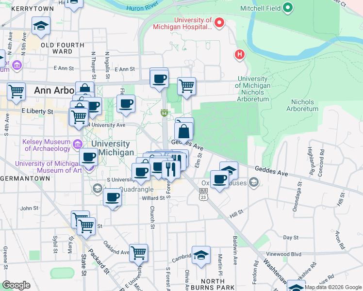 map of restaurants, bars, coffee shops, grocery stores, and more near 1328 Geddes Avenue in Ann Arbor