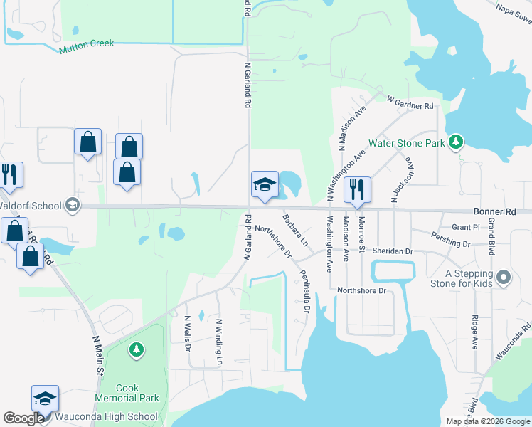 map of restaurants, bars, coffee shops, grocery stores, and more near 514 Bonner Road in Wauconda
