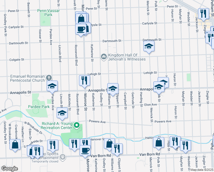 map of restaurants, bars, coffee shops, grocery stores, and more near 4490 Williams Street in Dearborn Heights