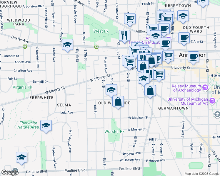 map of restaurants, bars, coffee shops, grocery stores, and more near 413 5th Street in Ann Arbor
