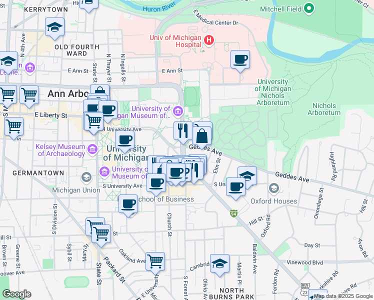 map of restaurants, bars, coffee shops, grocery stores, and more near 1304 Geddes Avenue in Ann Arbor