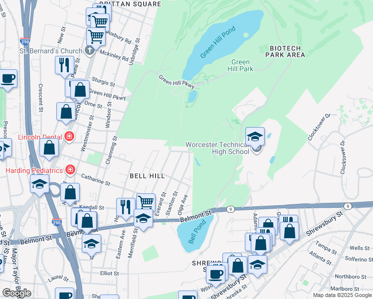 map of restaurants, bars, coffee shops, grocery stores, and more near 19 Breck Street in Worcester