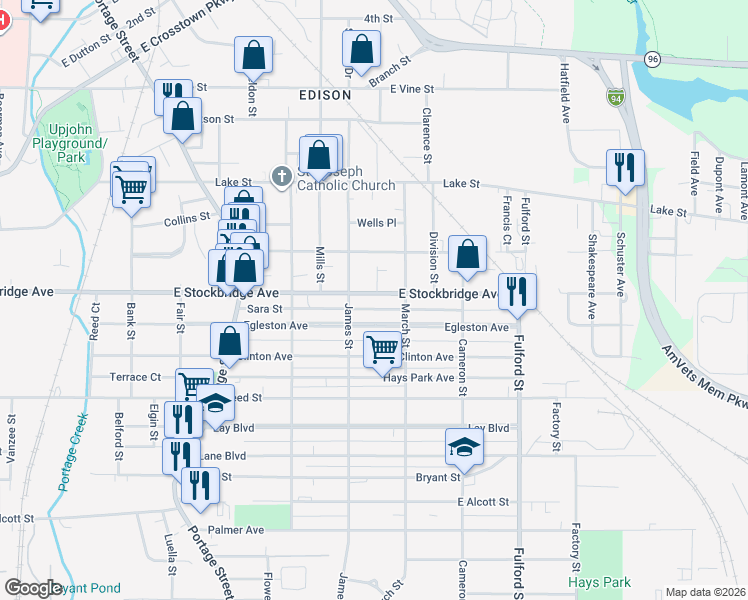 map of restaurants, bars, coffee shops, grocery stores, and more near 1224 East Stockbridge Avenue in Kalamazoo