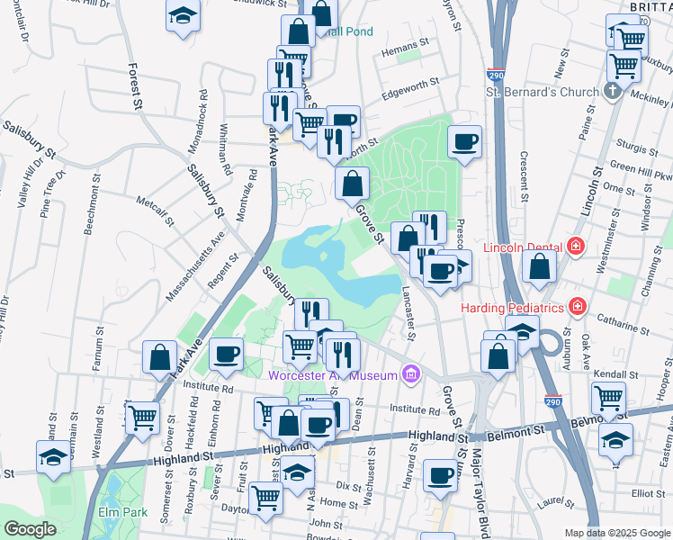 map of restaurants, bars, coffee shops, grocery stores, and more near 82 Salisbury Street in Worcester