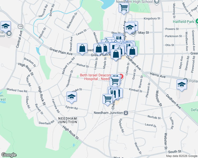map of restaurants, bars, coffee shops, grocery stores, and more near 57 Oak Street in Needham
