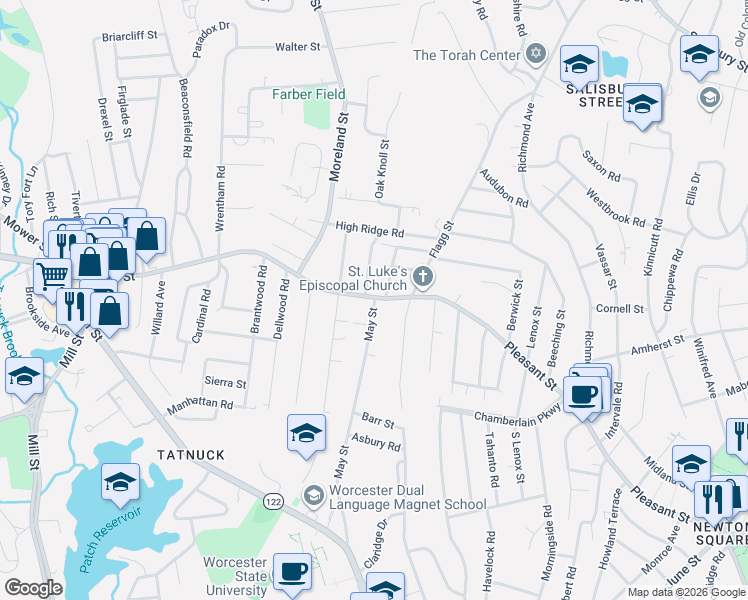 map of restaurants, bars, coffee shops, grocery stores, and more near 963 Pleasant Street in Worcester