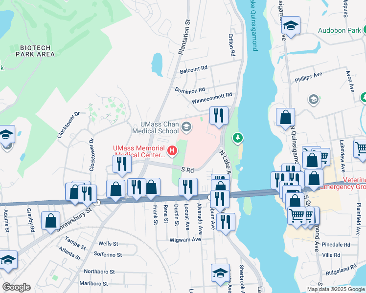 map of restaurants, bars, coffee shops, grocery stores, and more near 55 North Lake Avenue in Worcester