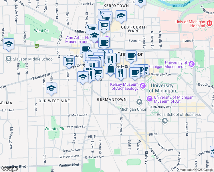 map of restaurants, bars, coffee shops, grocery stores, and more near 406 South 5th Avenue in Ann Arbor