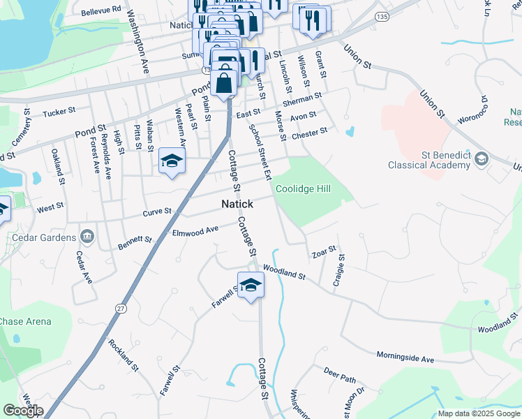 map of restaurants, bars, coffee shops, grocery stores, and more near 3 Madison Street in Natick